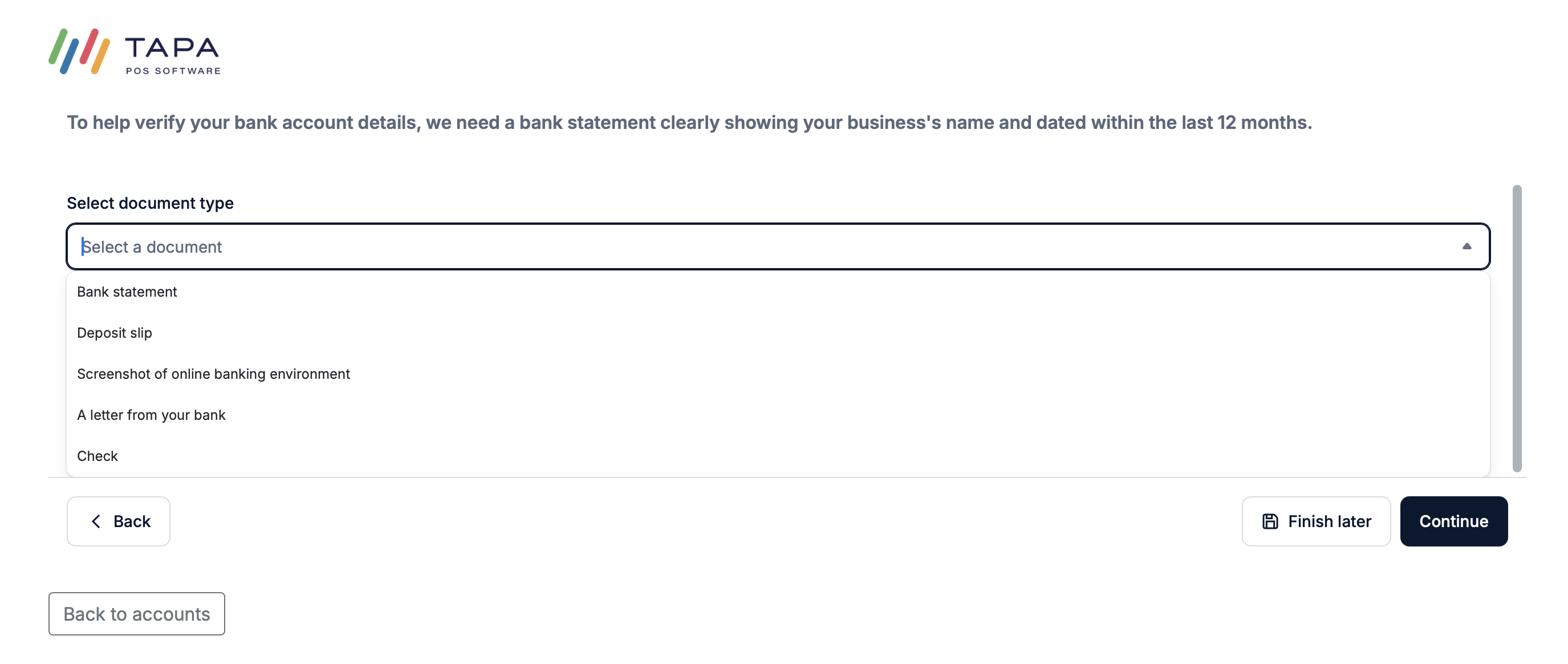 Document type selection screen for manual bank verification.