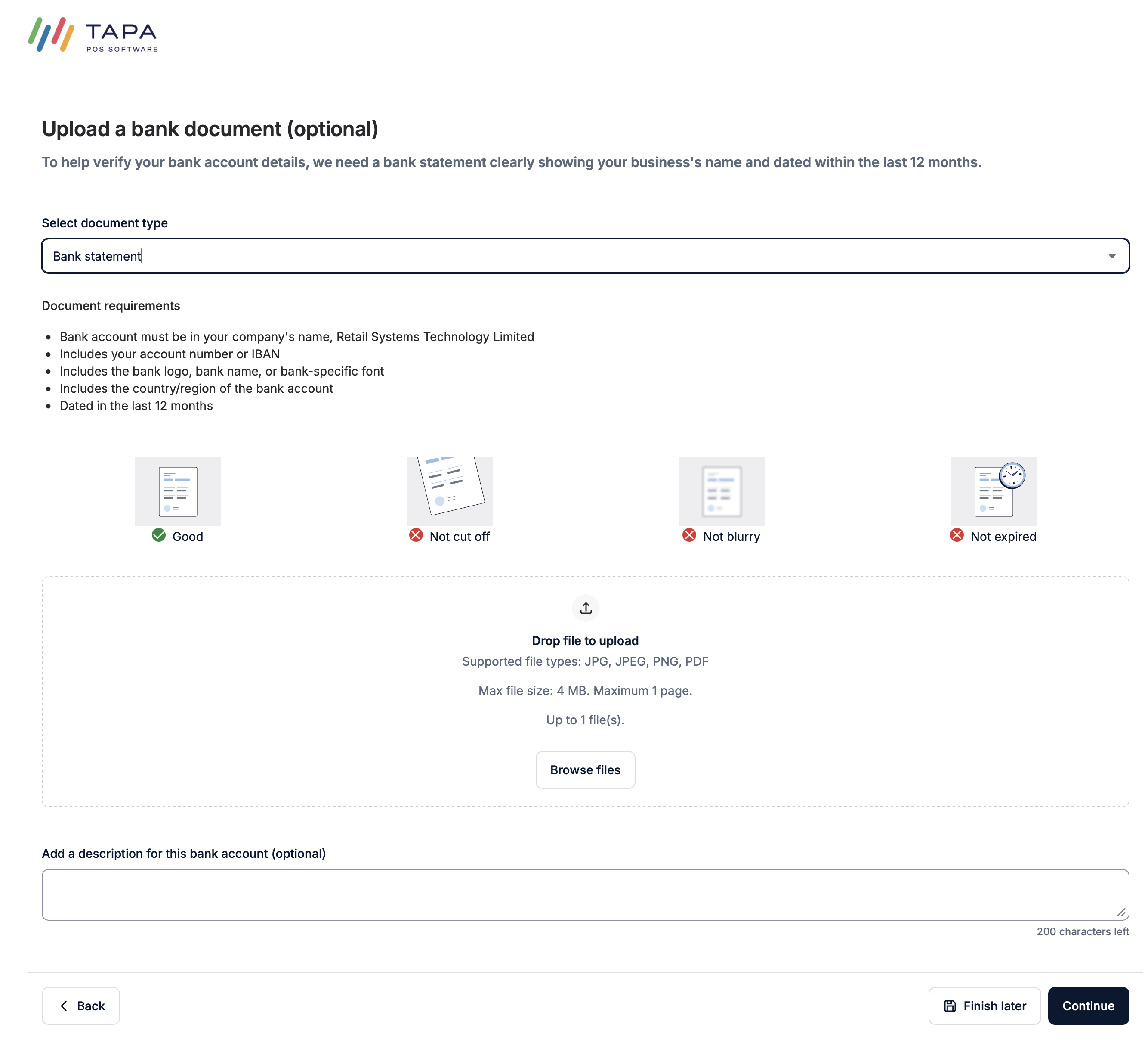 Upload a bank document screen with bank statement requirements and upload area.