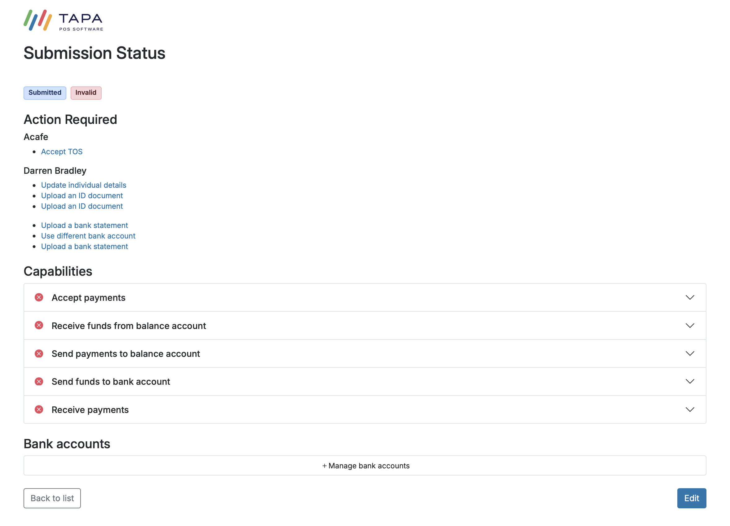 Submission Status screen showing action required items such as accepting terms, uploading ID, and managing bank accounts.
