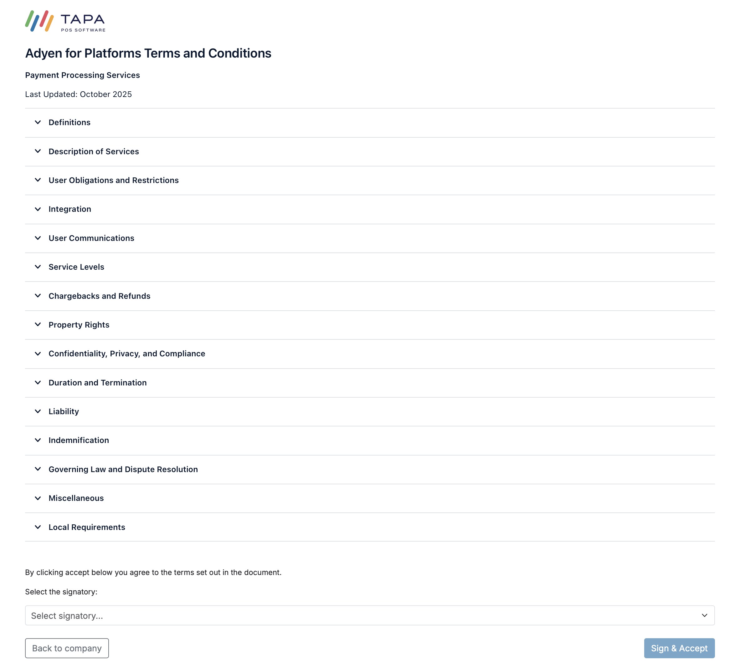 Platform terms and conditions screen with signatory dropdown and Sign and Accept button.