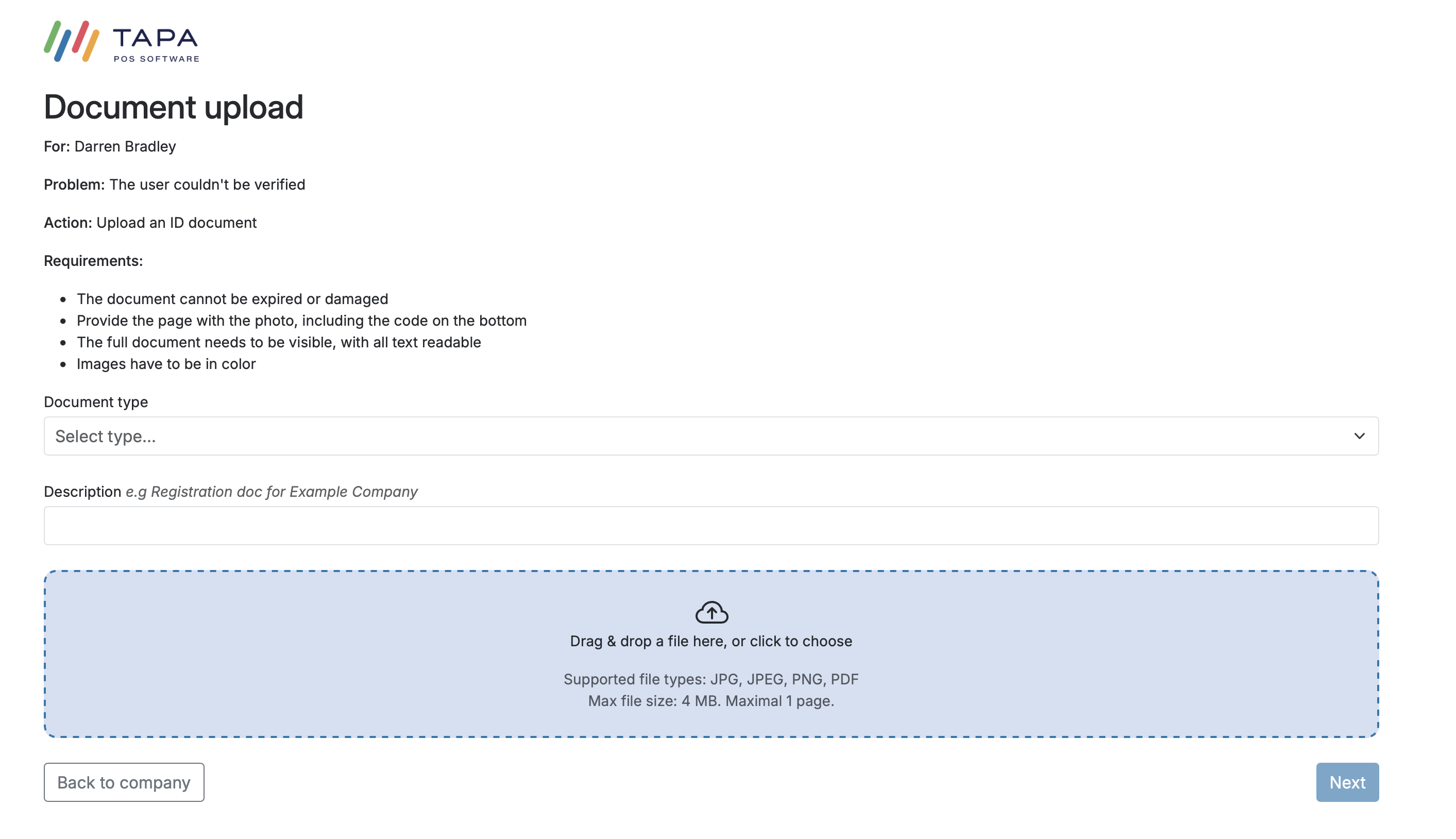 Document upload screen requesting an ID document with file requirements.